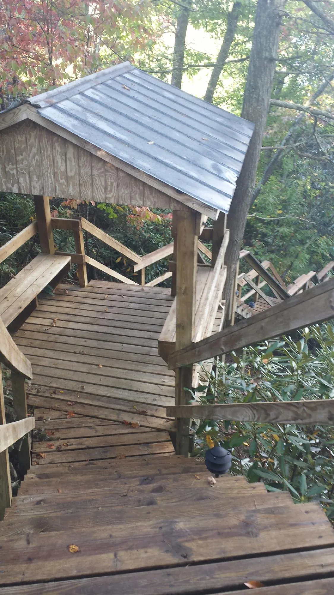 Metal roofed shelter over wooden steps on a wooded walkway — Skylight Repair & Installation work by our crew in Wallington